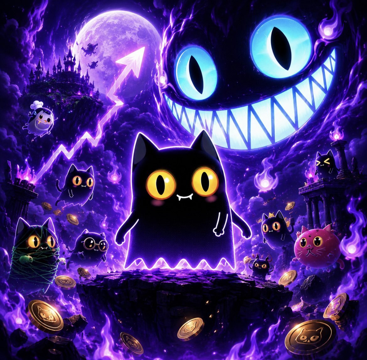 Shadow Kitty army glowing in a violet moonlit world